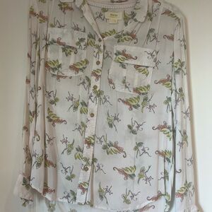 Anthropologie White Green Long Sleeve Button Down Shirt